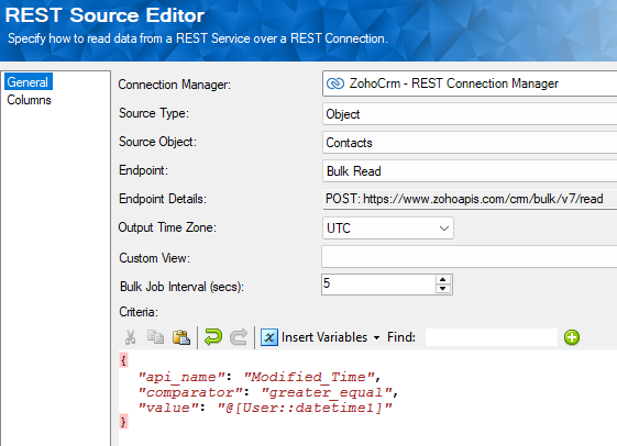 Zoho CRM REST Source configured for Bulk Read of Contact records
